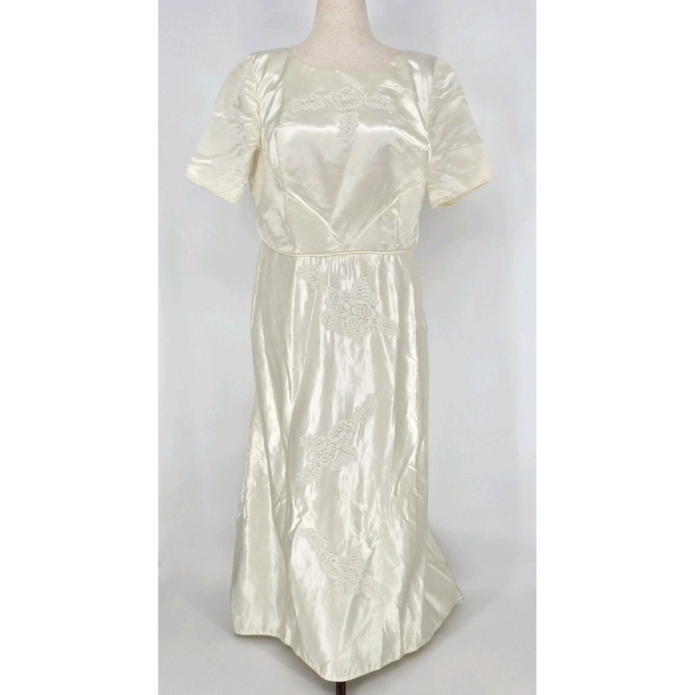 Vintage 1960 1970 Ivory Satin Wedding Dress Lace Empire Waist Bridal Button M L